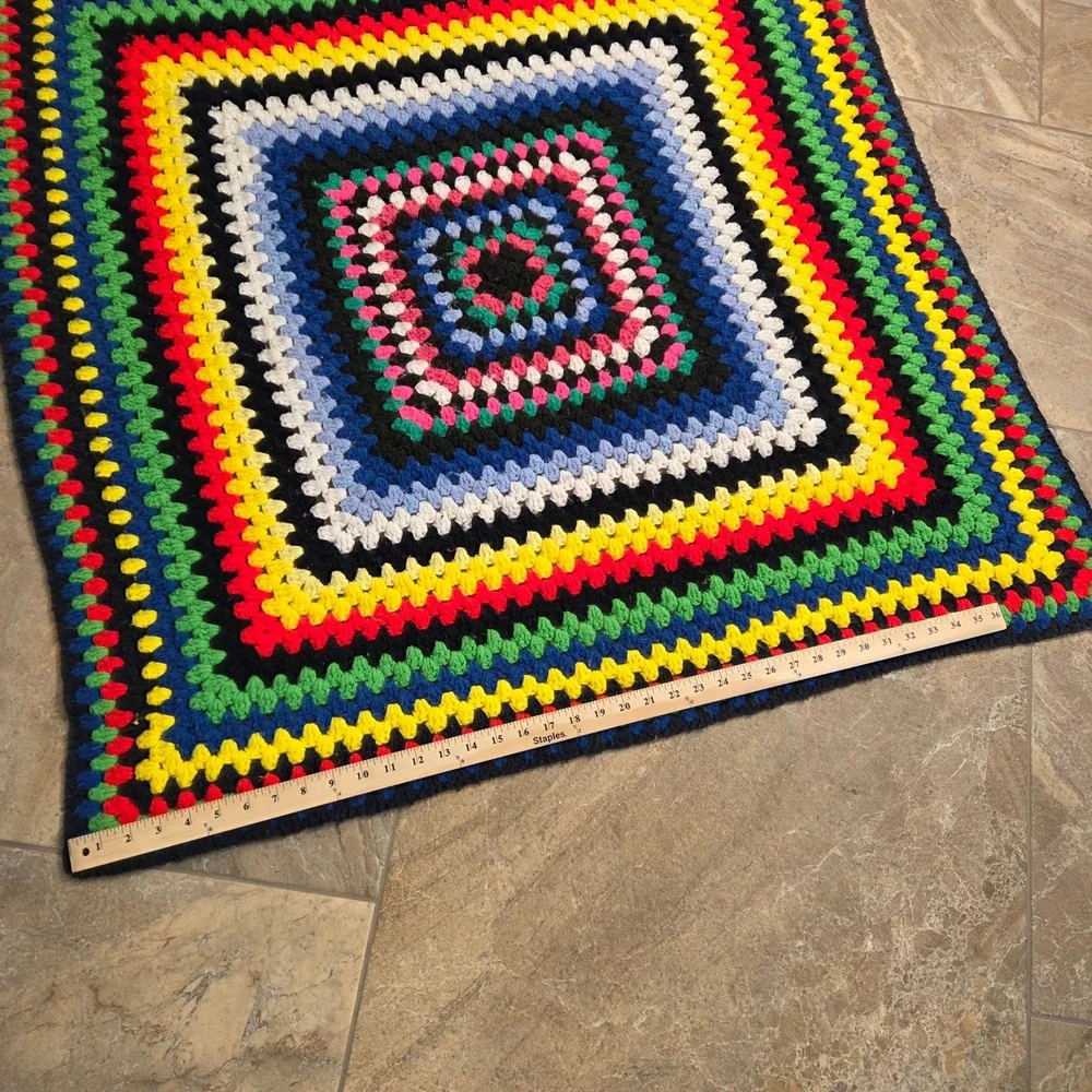 Vintage‎ Handmade Crochet Granny Square Rainbow Afghan Throw Blanket 36x36 Boho